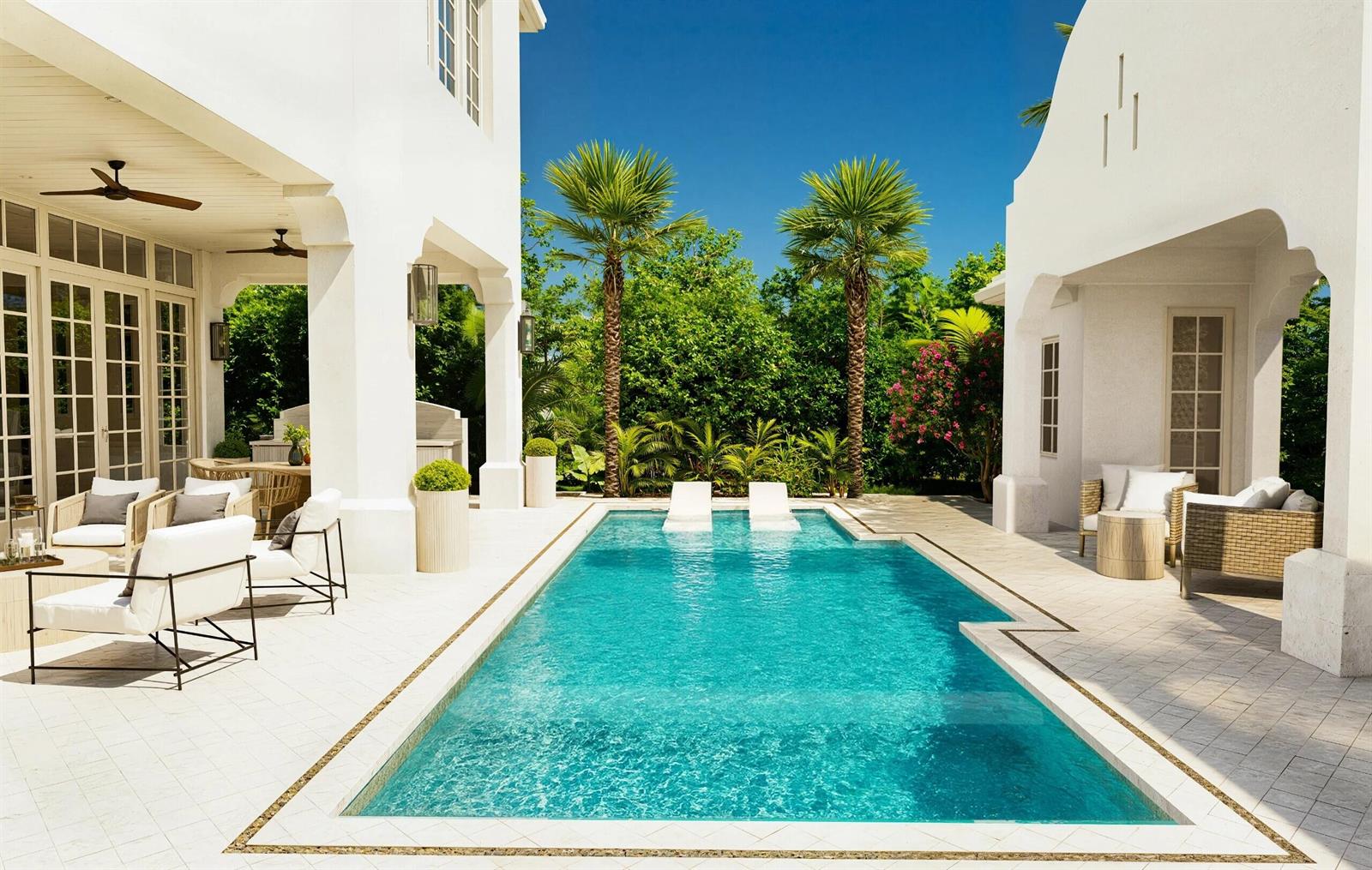A rectangular swimming pool sits between two white buildings with covered patios and lounge furniture — 101 NE 13th Street, Delray Beach FL 33444, DELRAY BEACH, FL