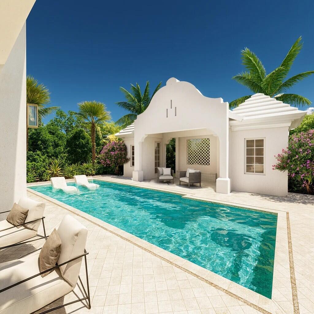 This architectural rendering shows a swimming pool with lounge chairs in front of a cabana — 101 NE 13th Street, Delray Beach FL 33444, DELRAY BEACH, FL