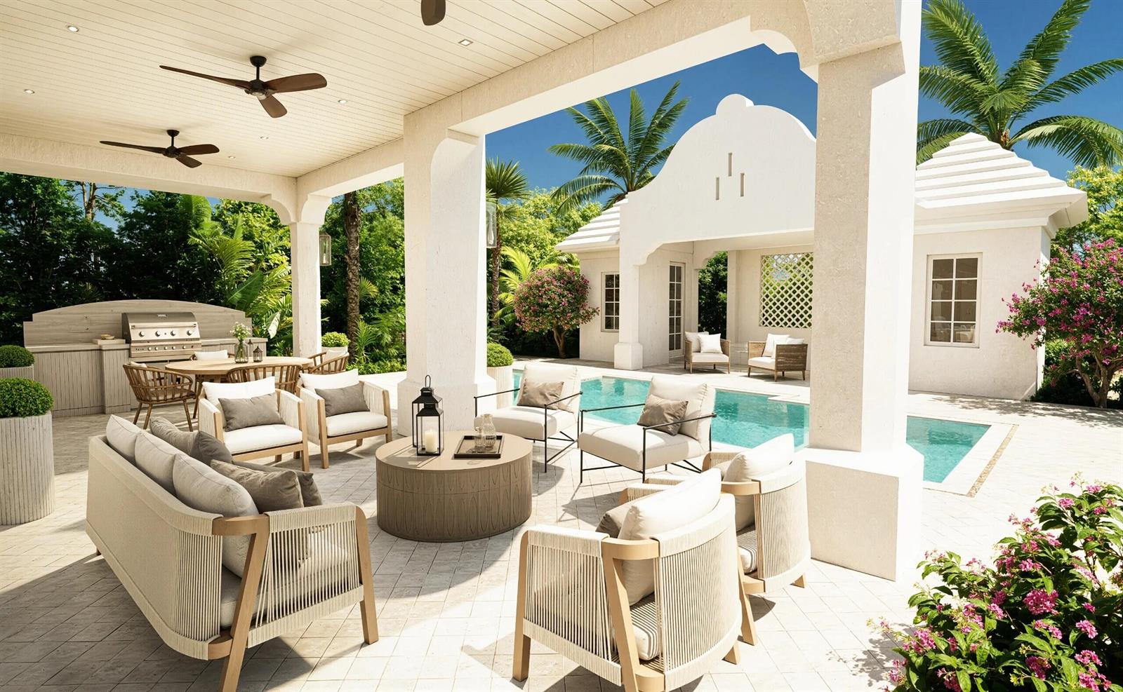 This rendering shows a covered outdoor patio with a pool, lounge seating, and an outdoor kitchen — 101 NE 13th Street, Delray Beach FL 33444, DELRAY BEACH, FL