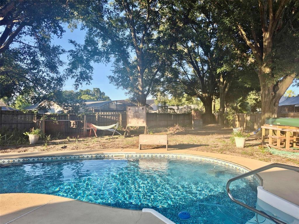 A backyard features a kidney-shaped swimming pool, a hammock, and large trees under a sky — 5583 LONG LAKE DRIVE, ORLANDO, FL