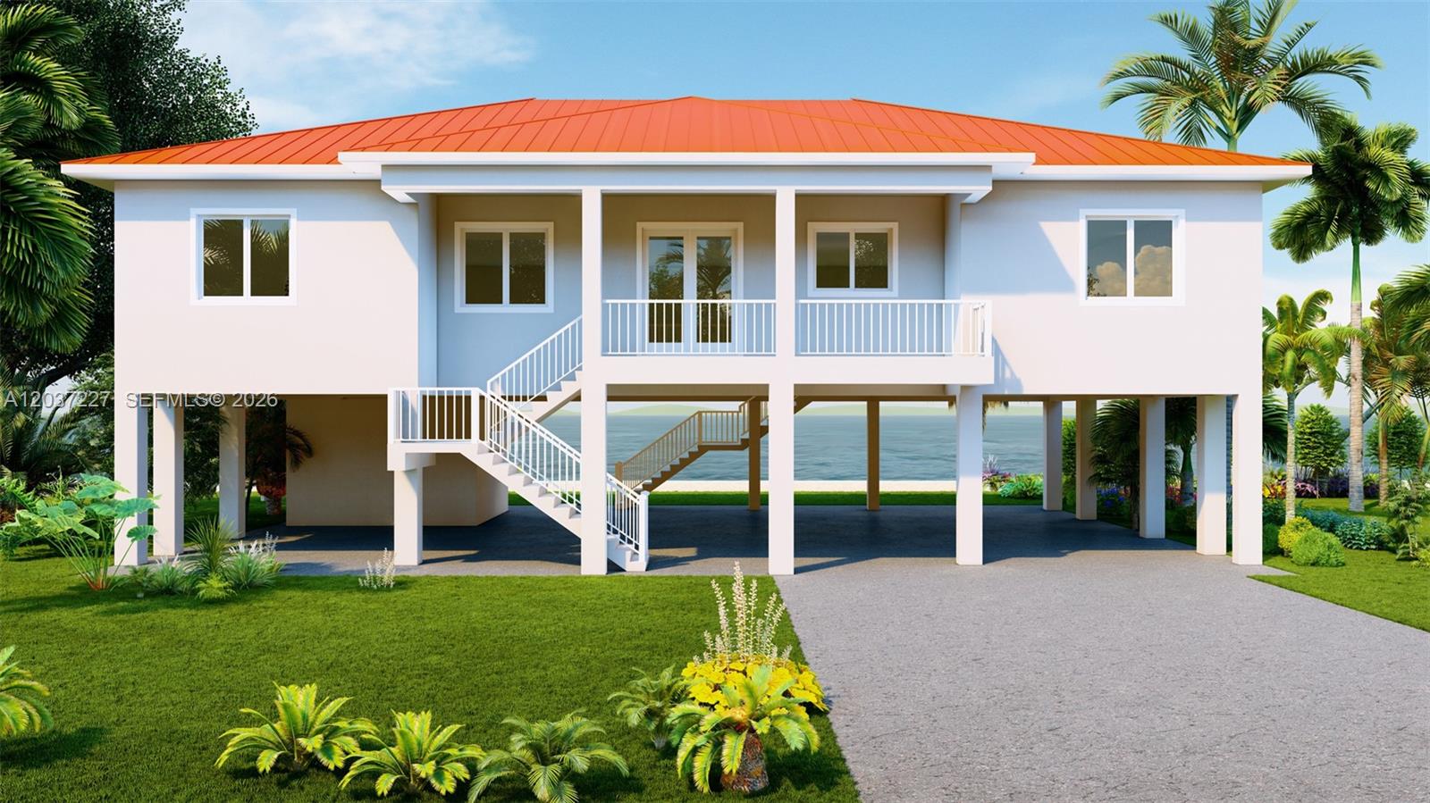 This is a rendering of an elevated house with an orange roof and waterfront views — 30988 Witters Ln, Big Pine FL 33043, BIG PINE, FL