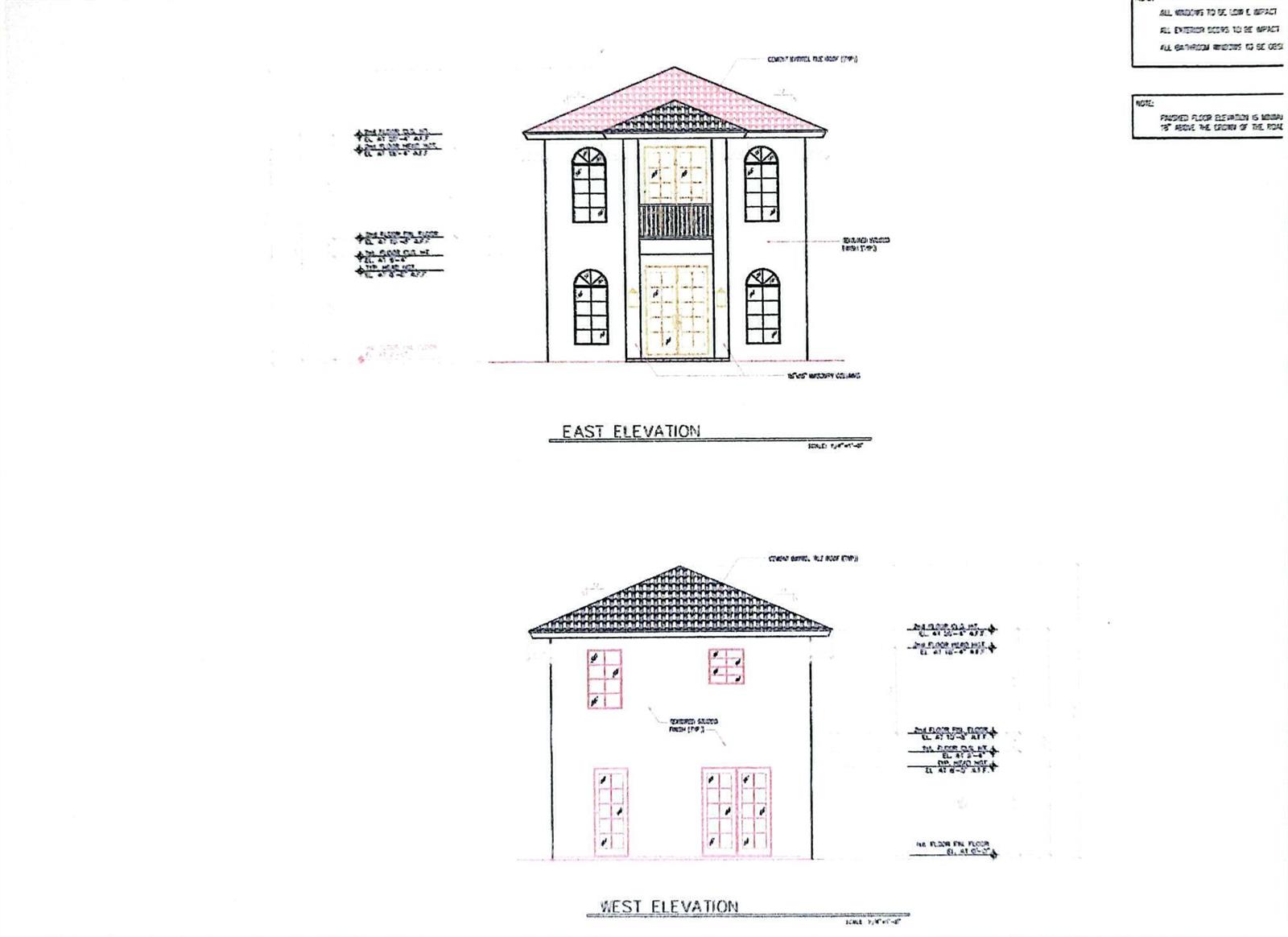 This architectural rendering shows the east and west exterior elevations of a two-story house — 927 S Palmway, FL 33460, FL