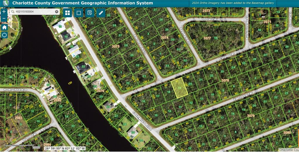 This is a digital map showing property lot lines and street layouts in a residential area — 15163 ESTATE TERRACE, PORT CHARLOTTE, FL