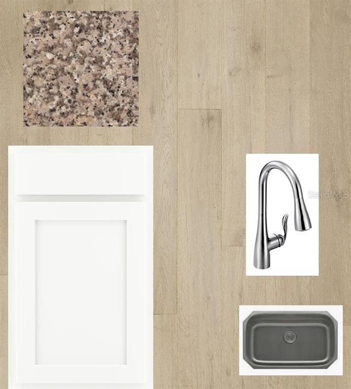This digital rendering displays kitchen finish samples including white cabinets, granite, flooring, and a faucet — 2845 MARRAKESH LANE, SARASOTA, FL