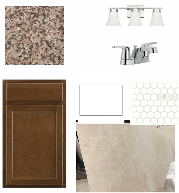 This image is a digital collage displaying various interior design finishes for a bathroom renovation — 2845 MARRAKESH LANE, SARASOTA, FL