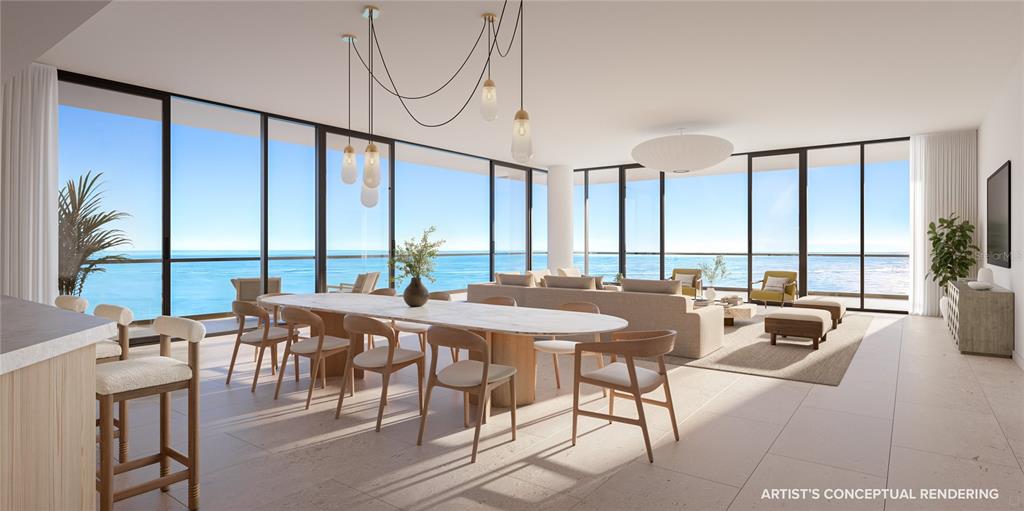This rendering shows an open-concept living and dining area with floor-to-ceiling windows overlooking the ocean — 197 AVENUE DE LA MER UNIT 504, PALM COAST, FL
