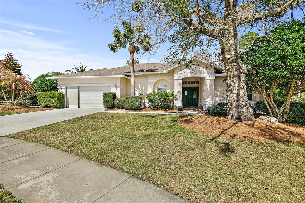 A single-story house with a beige exterior, a two-car garage, and a large front tree — 28 MONTAUK LANE, PALM COAST, FL