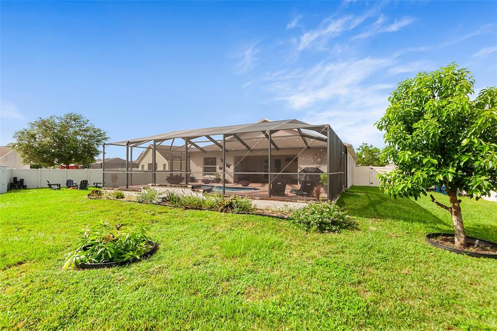 A backyard features a screened-in patio with a pool and a large green tree — 110 PROMENADE COURT, AUBURNDALE, FL