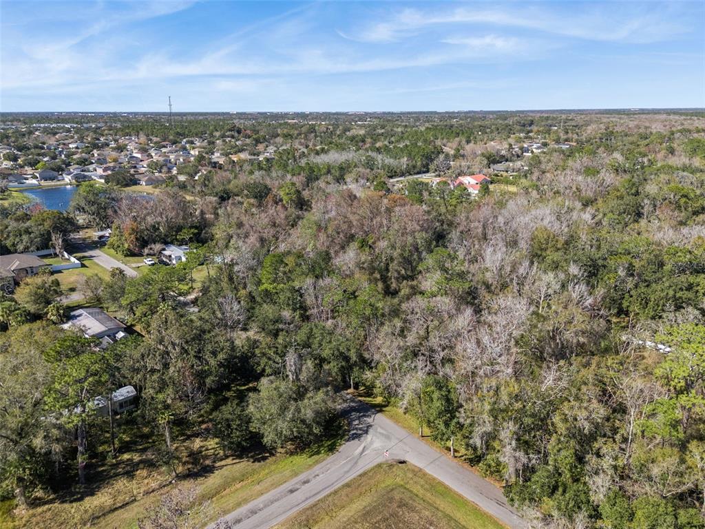 An aerial view shows a wooded lot situated at a residential street intersection — 1002 BUIST ST, ORLANDO, FL