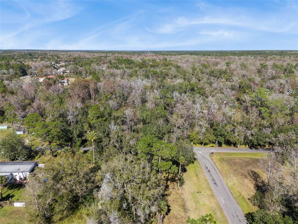 An aerial view shows a wooded lot with a road intersection and nearby houses — 1002 BUIST ST, ORLANDO, FL