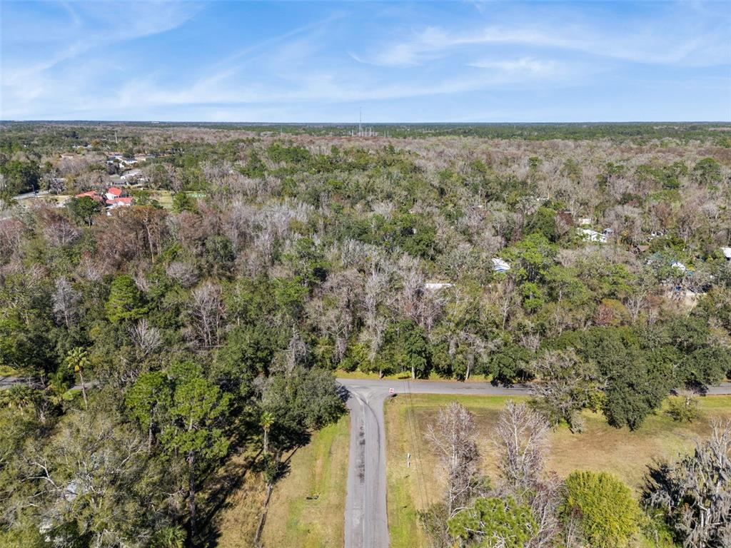 An aerial view shows a paved road intersection surrounded by dense woods and scattered houses — 1002 BUIST ST, ORLANDO, FL