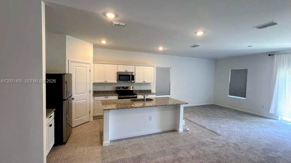 An open-concept kitchen with white cabinets and granite countertops overlooks a carpeted living area — KISSIMMEE, FL