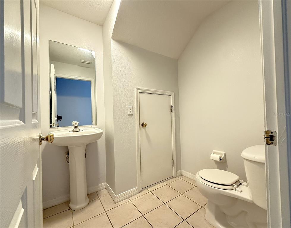A small bathroom features a pedestal sink, a toilet, and a door to a closet — 254 CASTLEKEEPER PLACE, VALRICO, FL