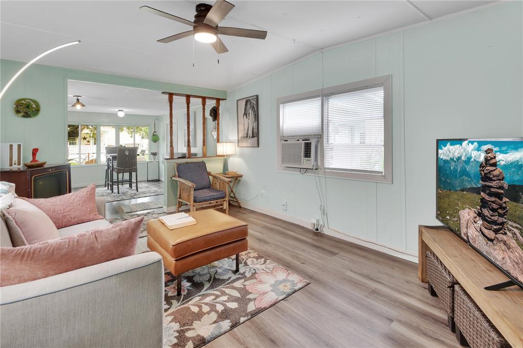 A living room features light blue walls, wood-look flooring, a ceiling fan, and a television — 109 CYPRESS DRIVE, DEBARY, FL