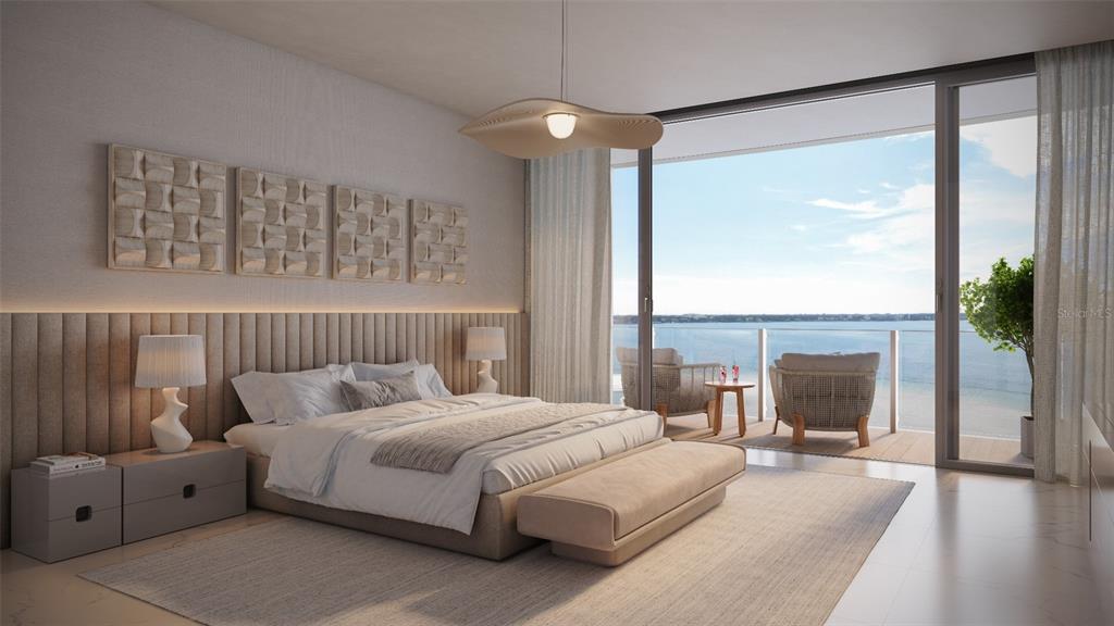 This rendering shows a modern bedroom with a balcony overlooking a large body of water — 805 S GULFVIEW BOULEVARD UNIT 605A, CLEARWATER BEACH, FL