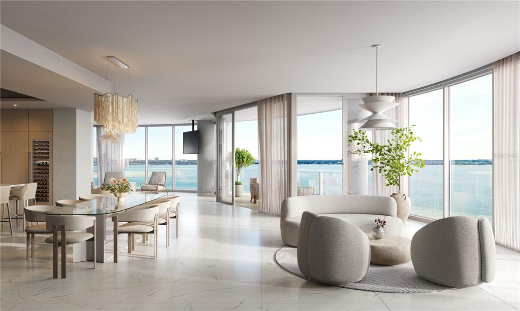 This rendering shows a modern open-concept living and dining area with floor-to-ceiling windows overlooking water — 805 S GULFVIEW BOULEVARD UNIT 605A, CLEARWATER BEACH, FL