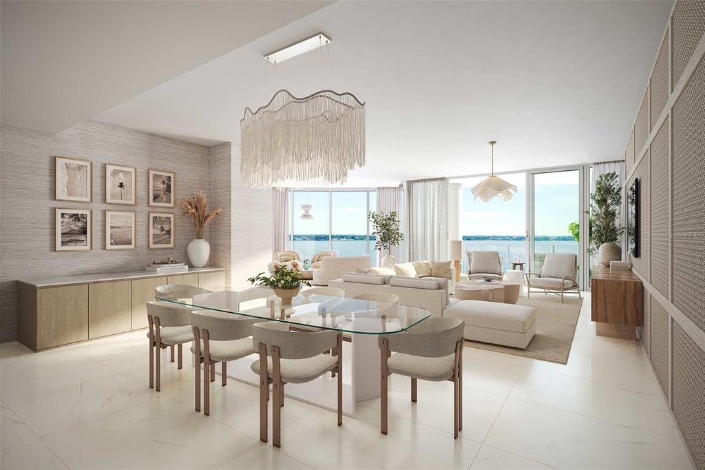 This rendering shows a modern open-concept living and dining area with floor-to-ceiling windows overlooking water — 805 S GULFVIEW BOULEVARD UNIT 605A, CLEARWATER BEACH, FL