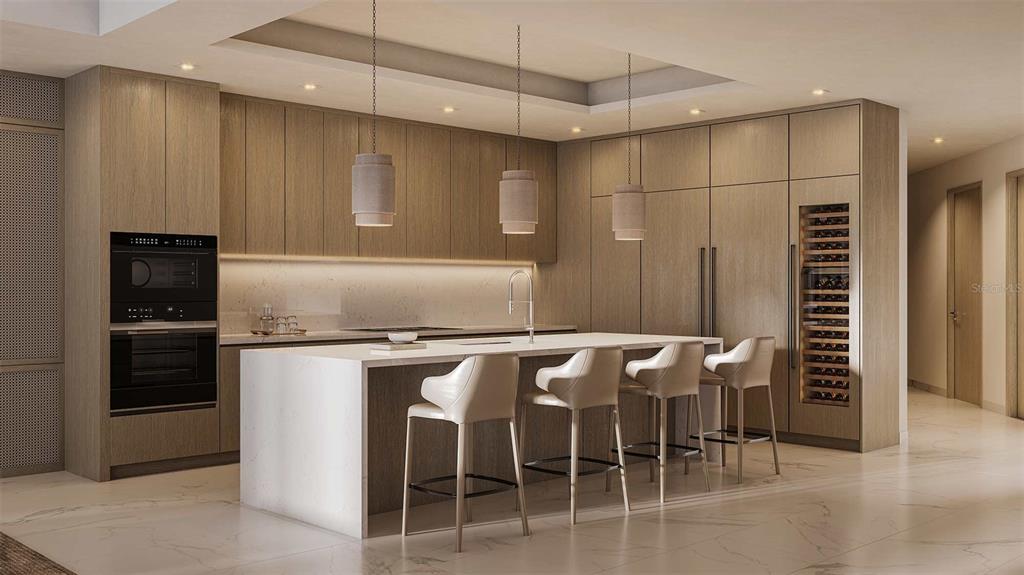 This rendering shows a modern kitchen with light wood cabinetry, a white island, and barstools — 805 S GULFVIEW BOULEVARD UNIT 605A, CLEARWATER BEACH, FL