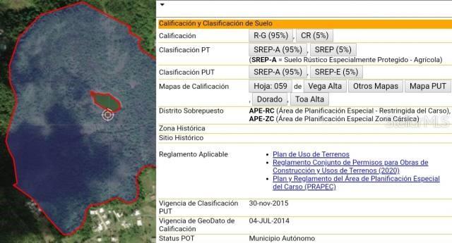 This image shows a satellite map of a land parcel with an accompanying zoning information table — PR 669 KM 0.3 INT PR 828, VEGA ALTA, PR