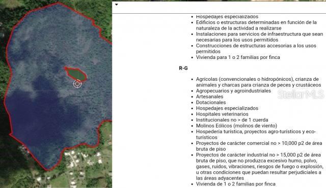 This image shows a map of a land parcel alongside a list of zoning regulations — PR 669 KM 0.3 INT PR 828, VEGA ALTA, PR