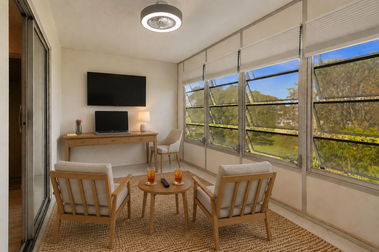A sunroom features two armchairs, a small desk, and large windows overlooking a green landscape — 4028 Berkshire # B, Deerfield Beach FL 33442, DEERFIELD BEACH, FL