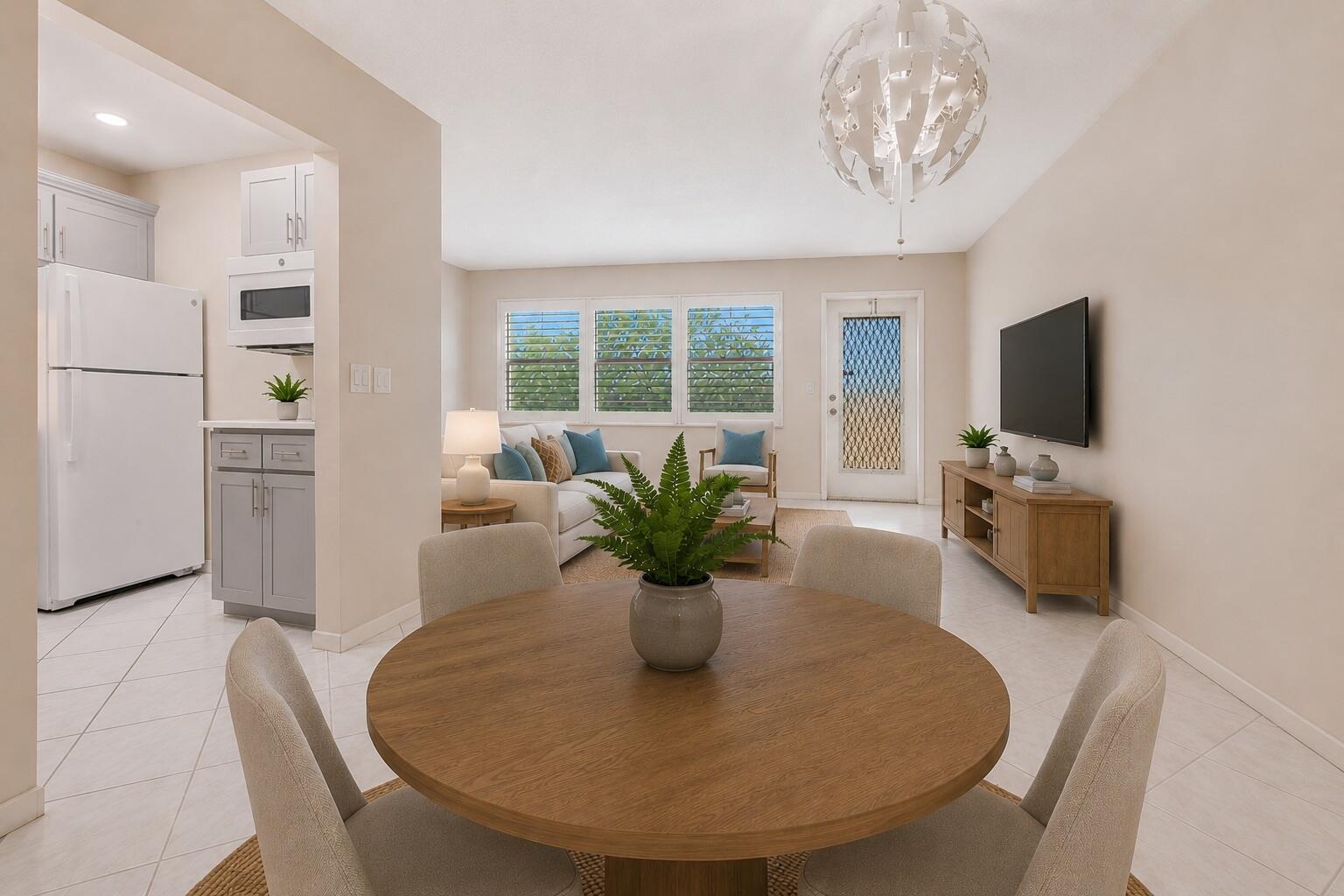 A dining area with a round wooden table opens into a living room and kitchen — 4028 Berkshire # B, Deerfield Beach FL 33442, DEERFIELD BEACH, FL