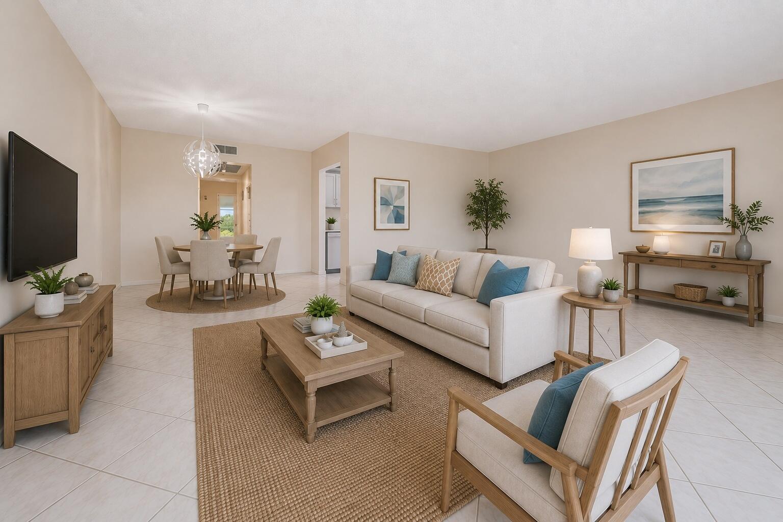 A bright living and dining area with light tile floors, neutral furniture, and wooden accents — 4028 Berkshire # B, Deerfield Beach FL 33442, DEERFIELD BEACH, FL