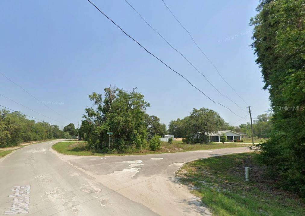 A paved road intersection features a grassy corner lot with trees and a distant house — Lot 1 MALUKA RADIAL, OCKLAWAHA, FL