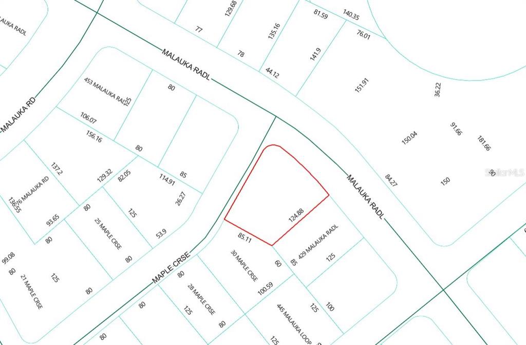 This is a property tax map showing lot lines and dimensions for several residential parcels — Lot 1 MALUKA RADIAL, OCKLAWAHA, FL