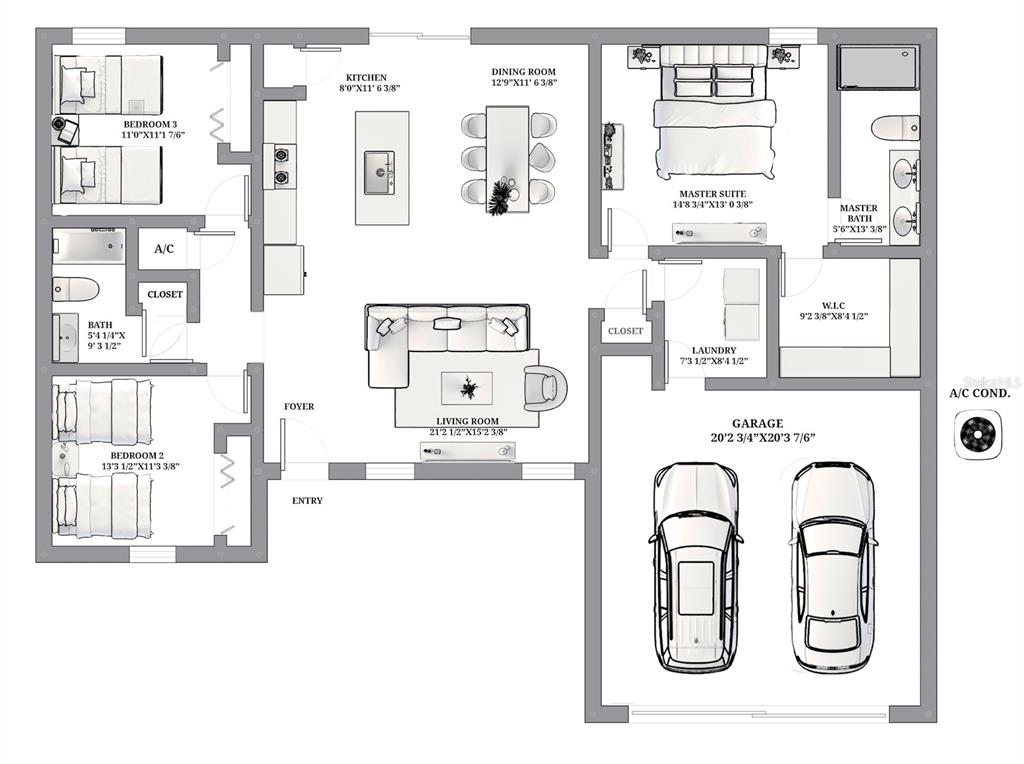 This is a floor plan of a three-bedroom house with a two-car garage — 15026 SW 24TH CIRCLE, OCALA, FL