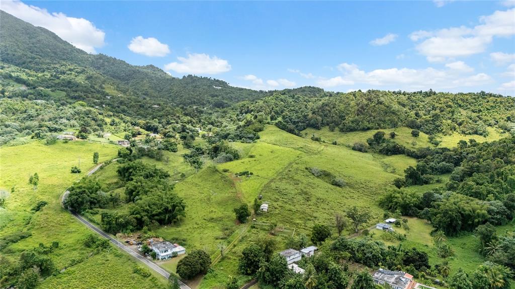 An aerial view shows a rural landscape with rolling green hills, scattered houses, and roads — 971 KM 14.5 BO. DUQUE, NAGUABO, PR