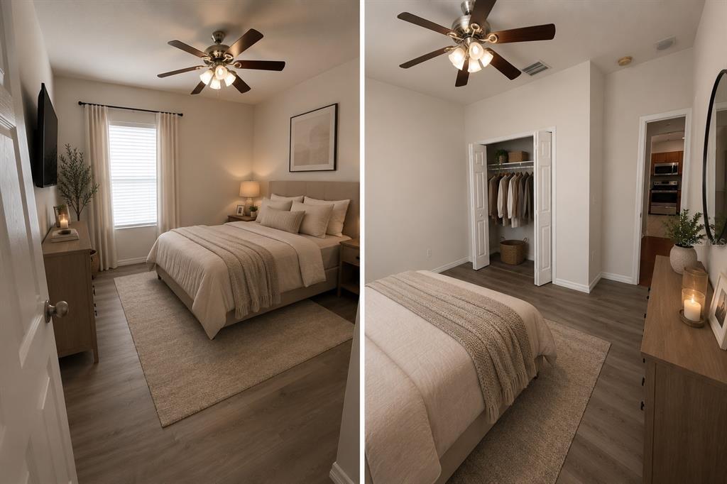 A bedroom features a bed, ceiling fan, closet, and wood-look flooring in a split-view image — 10117 CELTIC ASH DRIVE, RUSKIN, FL
