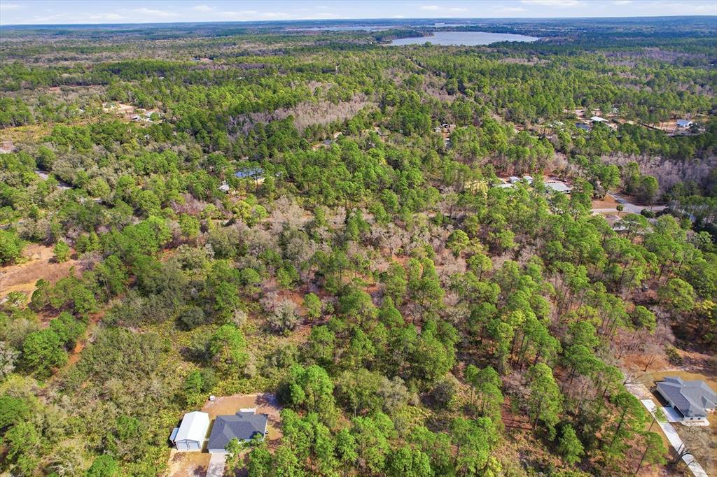 An aerial view shows a house with a detached garage surrounded by dense forest — 9568 N DAWNFLOWER AVENUE, CRYSTAL RIVER, FL