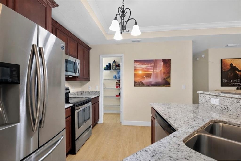 A kitchen features stainless steel appliances, dark wood cabinets, granite countertops, and a walk-in pantry — 24906 NW 202ND LANE, HIGH SPRINGS, FL