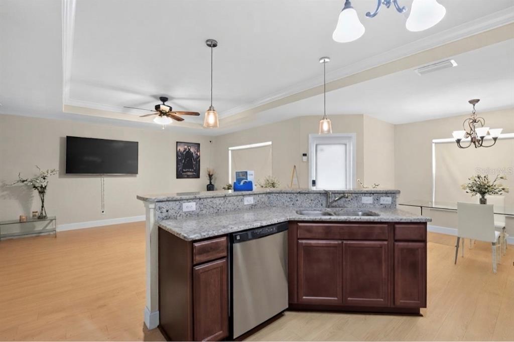 A kitchen with granite countertops and dark wood cabinets overlooks an open living area — 24906 NW 202ND LANE, HIGH SPRINGS, FL