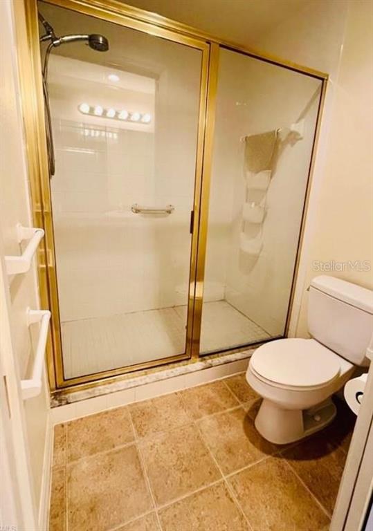 A bathroom features a walk-in shower with gold-toned framing and a white toilet — 1457 SAN CRISTOBAL AVENUE UNIT 3203, PUNTA GORDA, FL