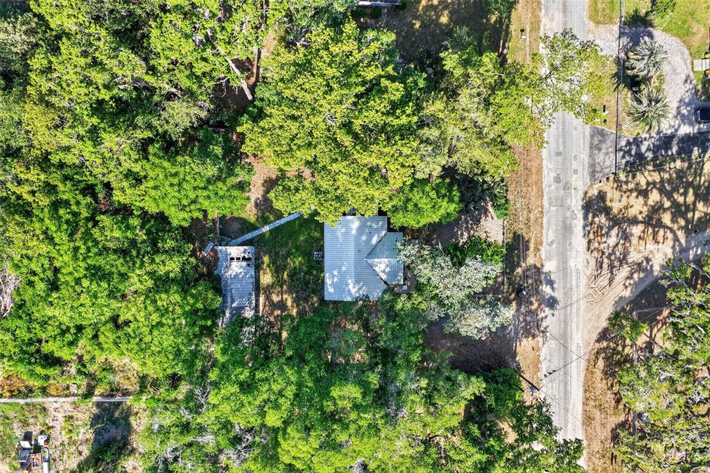 An aerial view shows a small, light blue house with a metal roof surrounded by trees — 6220 SE 118TH PLACE, BELLEVIEW, FL