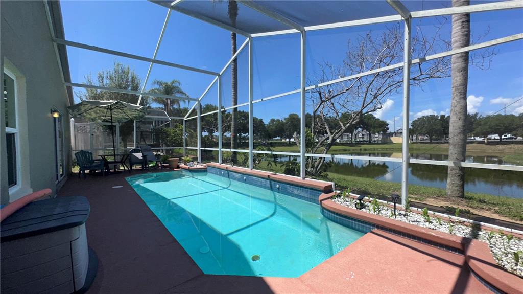 A screened-in pool patio overlooks a pond with a view of trees and a road — 223 LAKE DAVENPORT ESTATES DRIVE, DAVENPORT, FL
