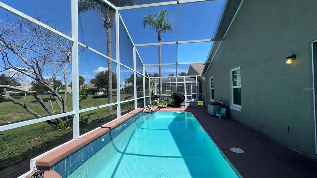 A screened-in swimming pool sits beside a house with a red patio deck — 223 LAKE DAVENPORT ESTATES DRIVE, DAVENPORT, FL