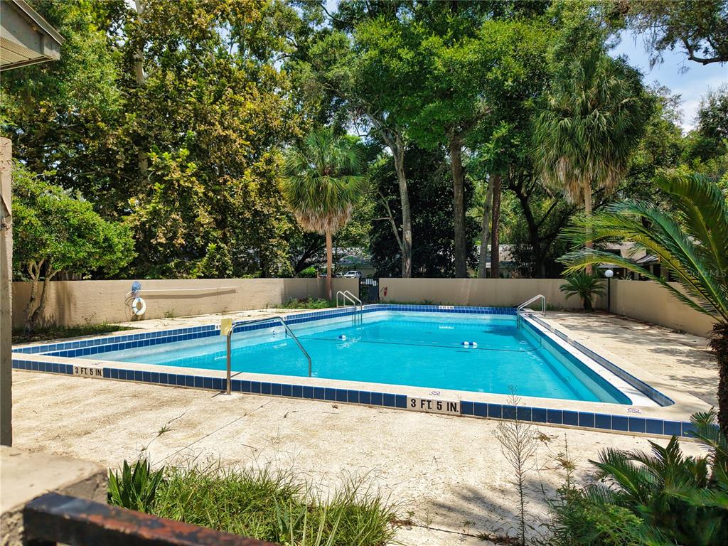 An outdoor rectangular swimming pool surrounded by a concrete deck and a privacy wall — 7200 SW 8TH AVENUE UNIT H48, GAINESVILLE, FL