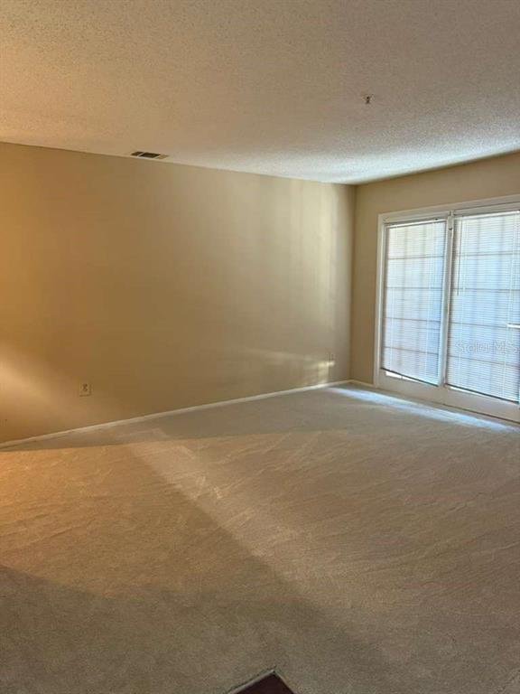 An empty room with beige carpet, tan walls, and a sliding glass door with blinds — 199 AFTON SQUARE UNIT 103, ALTAMONTE SPRINGS, FL
