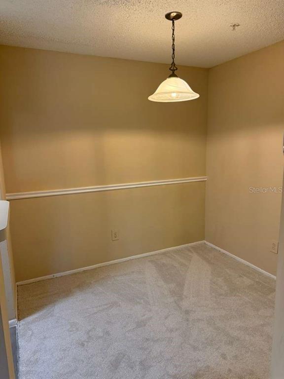 A small, carpeted dining area features beige walls, a chair rail, and a hanging pendant light — 199 AFTON SQUARE UNIT 103, ALTAMONTE SPRINGS, FL