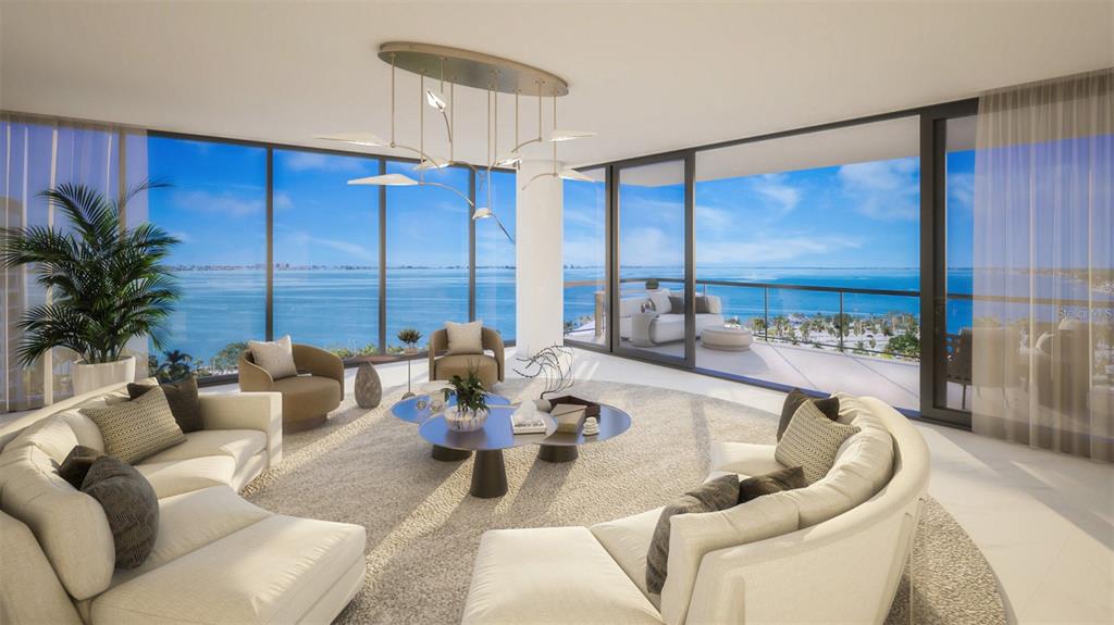 This is a digital architectural rendering of a modern high-rise apartment building with balconies — 1000 BOULEVARD OF THE ARTS UNIT 1701, SARASOTA, FL