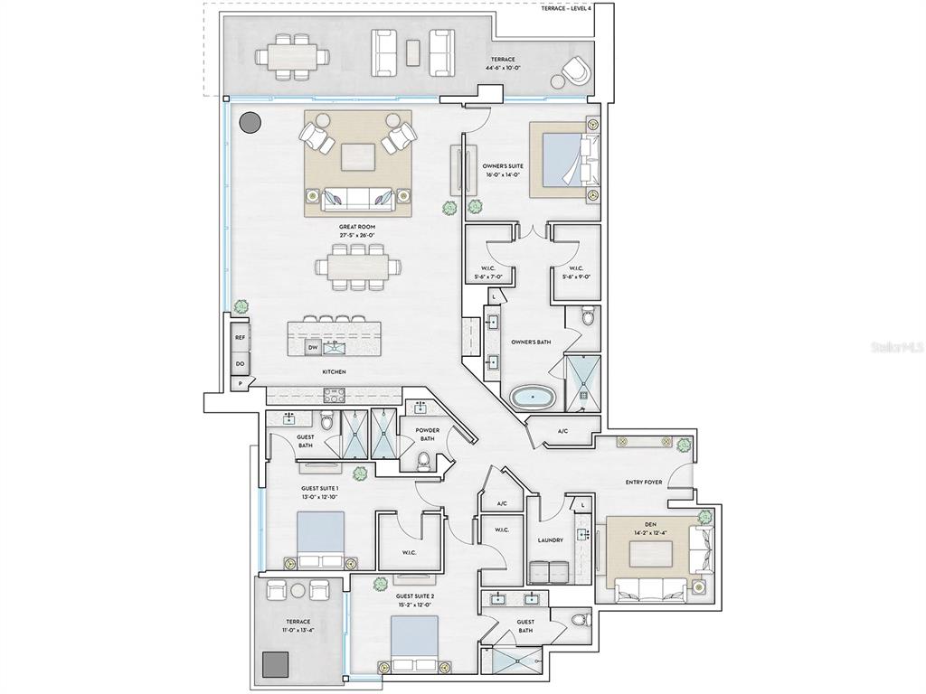 This floor plan shows a luxury apartment with three bedrooms, a den, and two terraces — 1000 BOULEVARD OF THE ARTS UNIT 1701, SARASOTA, FL