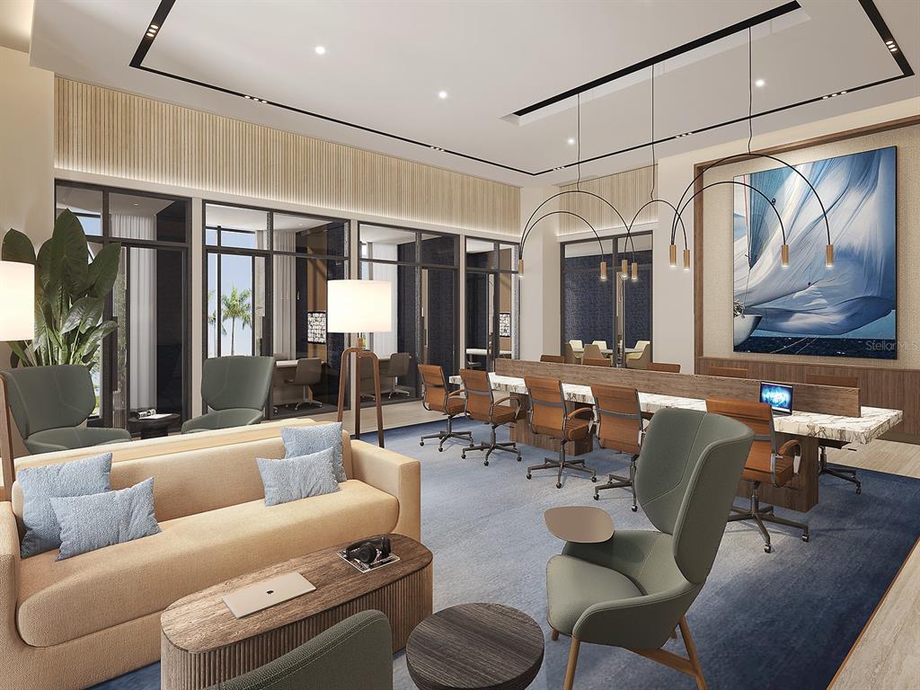 This is a rendering of a modern hotel lobby featuring a marble reception desk and sculpture — 1000 BOULEVARD OF THE ARTS UNIT 1701, SARASOTA, FL