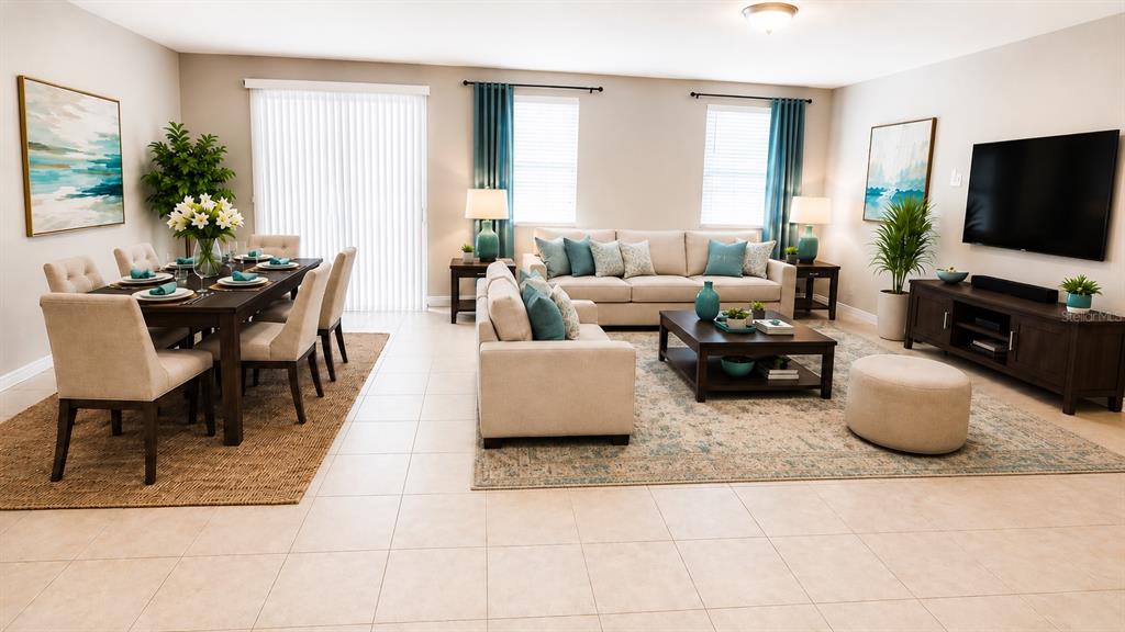 An open-concept living and dining area features tile flooring, neutral furniture, and blue accents — 2463 SWEET VIBURNUM WAY, OCOEE, FL