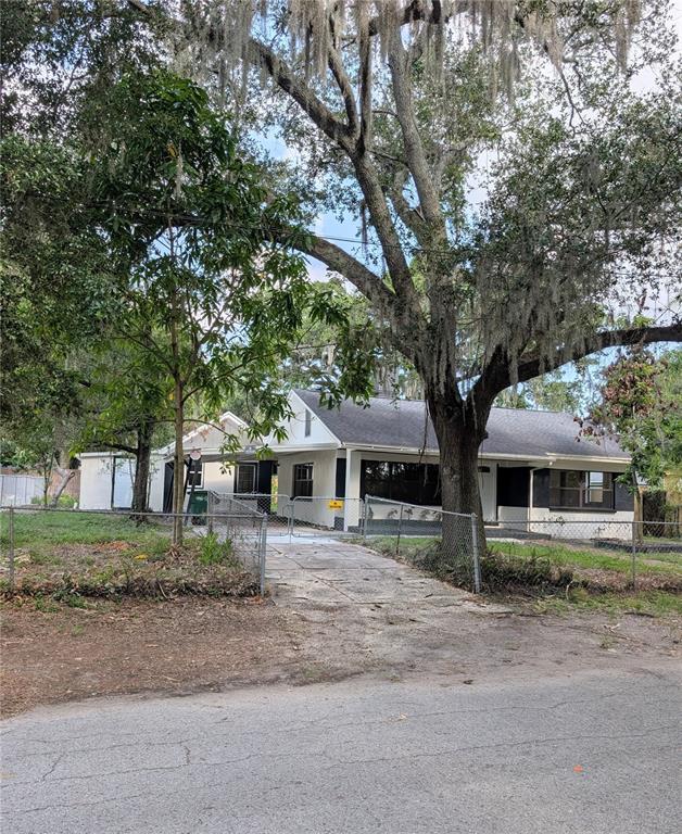 A brick walkway leads through a grassy yard toward a chain-link fence and trees — 8206 N 19TH STREET, TAMPA, FL