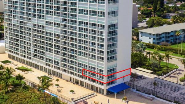 An exterior view of a high-rise apartment building with a red outline highlighting a balcony — 2800 S Ocean Boulevard # 2a, Boca Raton FL 33432, BOCA RATON, FL