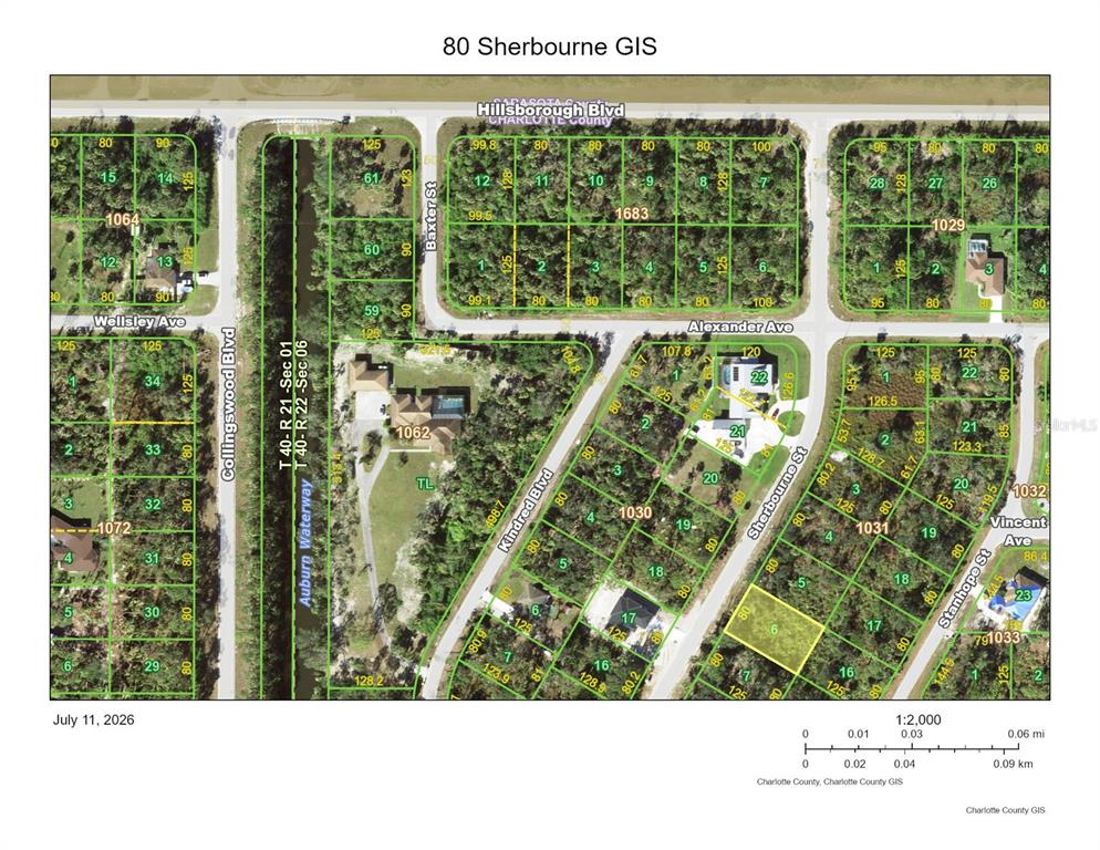 This is a land survey map showing property lot lines and street layouts — 80 SHERBOURNE STREET, PORT CHARLOTTE, FL