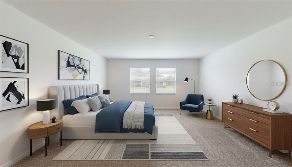 This is a digital rendering of a bedroom featuring a bed, dresser, and armchair — 203 BRAVE ROAD, DAVENPORT, FL